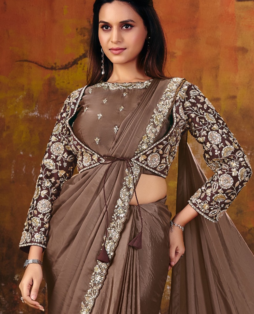 27107 - Coffee Brown Embroidered Wedding Party Designer Saree